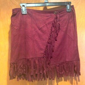 | Asymmetrical Fringed Faux Suede Mini Skirt Wrap Burgundy Boho Coac…